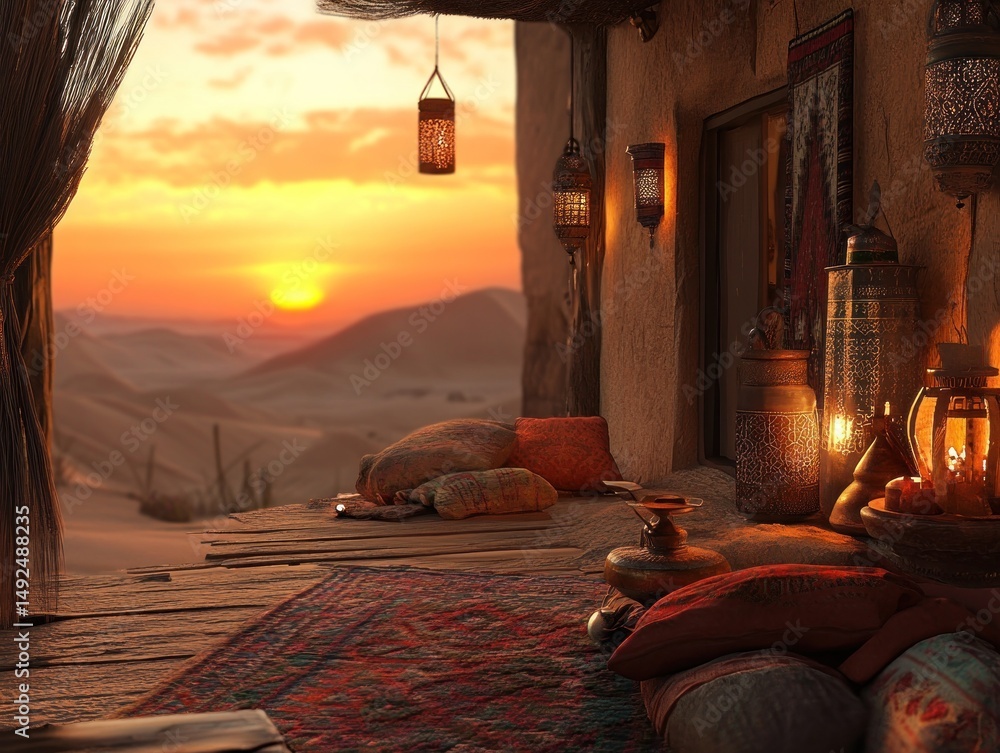 Desert sunset view from arabian style hut