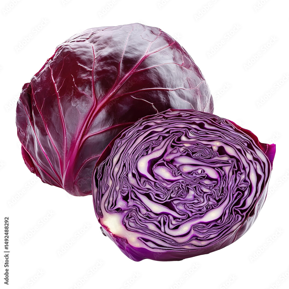 Obraz premium Red Cabbage with Slice Isolated on PNG Transparent Background 