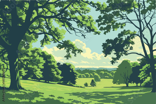 156 lush green landscape, vibrant foliage, scenic park with trees, vast grassy field, idyllic outdoor setting, serene and tranquil environment, beautiful blue sky with fluffy clouds, serene and peacef