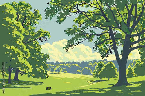 156 lush green landscape, vibrant foliage, scenic park with trees, vast grassy field, idyllic outdoor setting, serene and tranquil environment, beautiful blue sky with fluffy clouds, serene and peacef