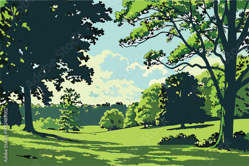 156 lush green landscape, vibrant foliage, scenic park with trees, vast grassy field, idyllic outdoor setting, serene and tranquil environment, beautiful blue sky with fluffy clouds, serene and peacef