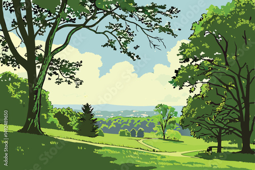 156 lush green landscape, vibrant foliage, scenic park with trees, vast grassy field, idyllic outdoor setting, serene and tranquil environment, beautiful blue sky with fluffy clouds, serene and peacef