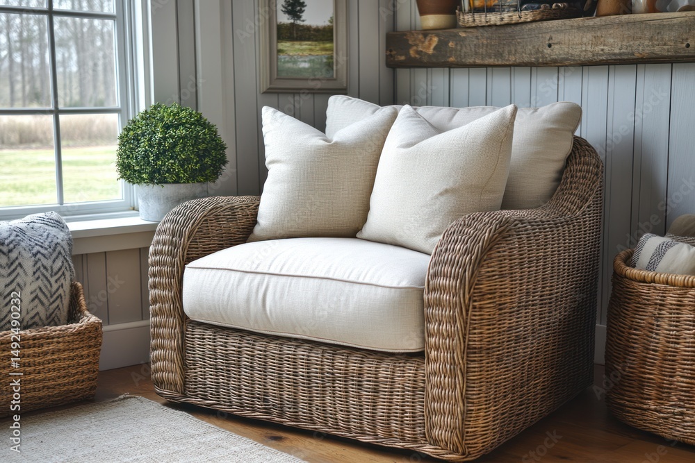 Fototapeta premium Elegant Beige Wicker Chair Nestled in Homey Corner
