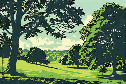 156 lush green landscape, vibrant foliage, scenic park with trees, vast grassy field, idyllic outdoor setting, serene and tranquil environment, beautiful blue sky with fluffy clouds, serene and peacef