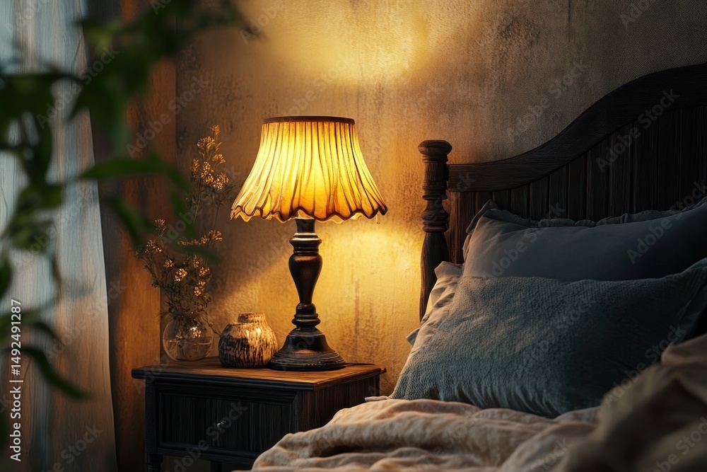 Cozy bedroom night scene with table lamp