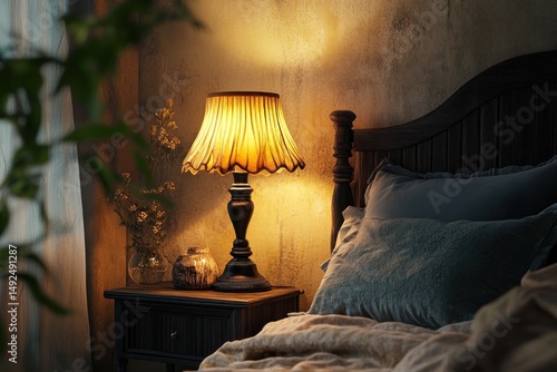Cozy bedroom night scene with table lamp