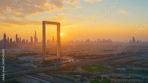 The Dubai Frame standing tall during a golden hour, with its shadows stretching across the city