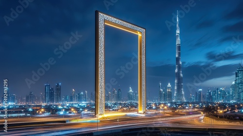 The Dubai Frame with an artistic motion blur effect, emphasizing its iconic status