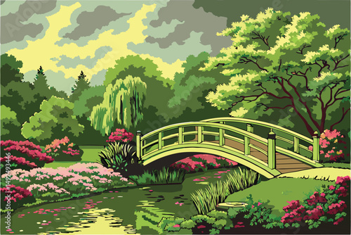 157 lush green foliage, ornamental bridge over tranquil pond, manicured garden landscape, dramatic sky with clouds, highly detailed, realistic, photorealistic, vibrant colors, cinematic lighting, 8k r