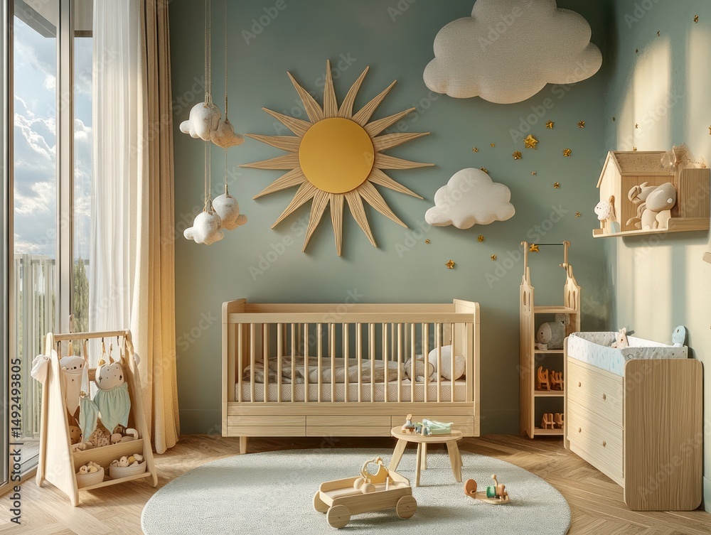 Babys room with wooden furniture clouds and sun decorations