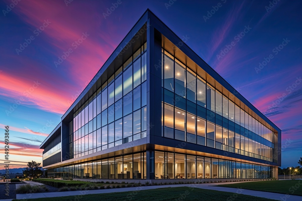 Fototapeta premium Sleek Contemporary Office Facade with Expansive Windows Against a Vibrant Twilight Sky