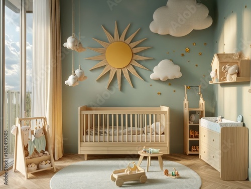 Obraz na płótnie Babys room with wooden furniture clouds and sun decorations w salonie