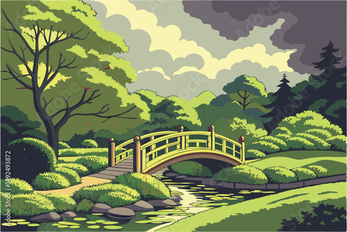 157 lush green foliage, ornamental bridge over tranquil pond, manicured garden landscape, dramatic sky with clouds, highly detailed, realistic, photorealistic, vibrant colors, cinematic lighting, 8k r