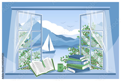 Summer window overlooking the mountains and sailboat and books on the sill. Travel and vacation with a book. Vector illustration for bookstore, library, sale in bookshop.