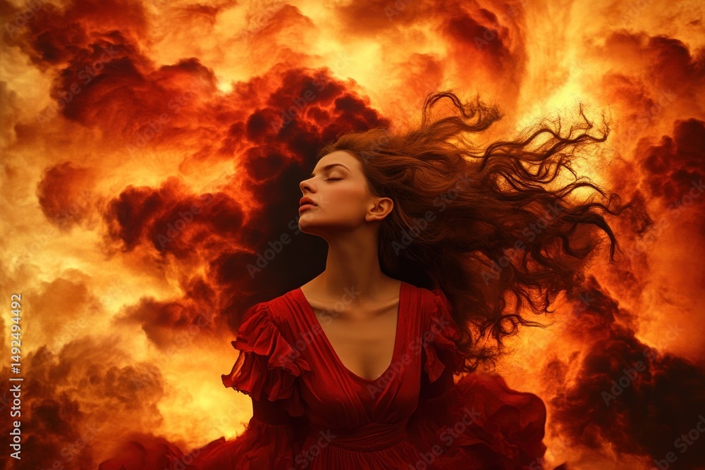 Woman in red dress with flowing hair in fiery clouds