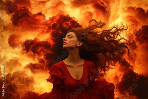 Obraz na płótnie Woman in red dress with flowing hair in fiery clouds w salonie