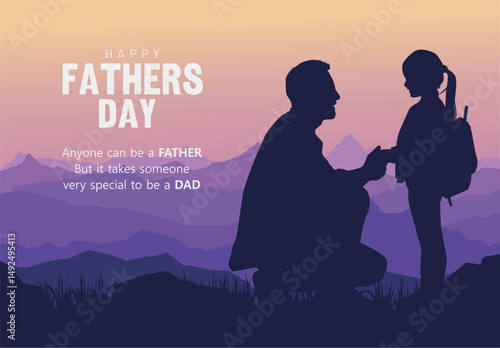 Bonding Moment Father's Day 2025 illustration with dad and daughter silhouettes on beautiful valley. Best for Fathers Day 2025 greeting card, banner, social media, background.Vector illustration. 