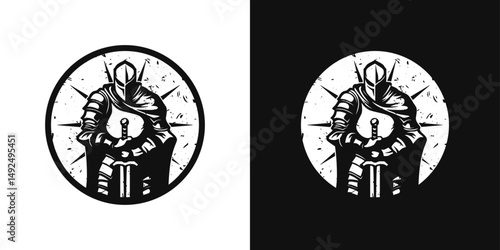 Frontal knight portrait with sword in circle. Strong medieval symbol for protection, honor, and bold identity branding.