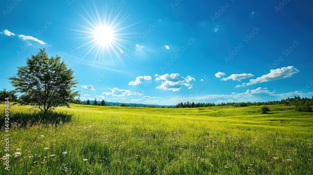 Obraz premium The midday sun shining brightly in a clear blue sky, illuminating a peaceful meadow