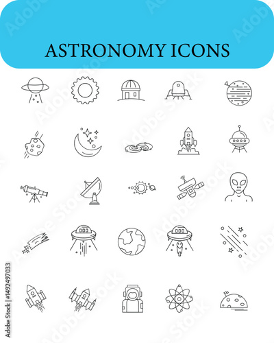 Astronomy line icon set. Space planet, Earth, moon, sun, galaxy, rocket astronaut, alien minimal vector illustrations