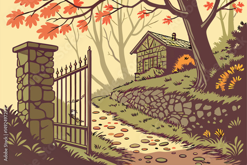 159 autumn scenic path, metal gate, mossy stonework, lush foliage, warm lighting, cozy atmosphere, tranquil landscape, scenic nature, magical woodland, moody autumnal mood, detailed environment, seren