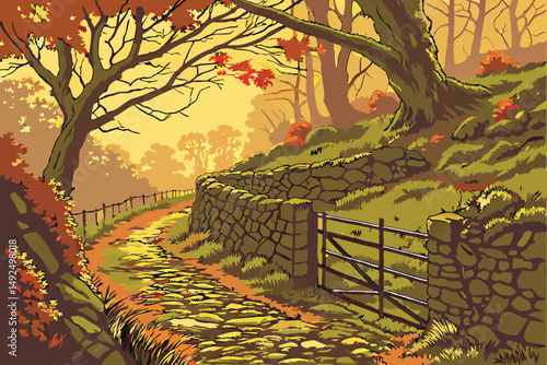 159 autumn scenic path, metal gate, mossy stonework, lush foliage, warm lighting, cozy atmosphere, tranquil landscape, scenic nature, magical woodland, moody autumnal mood, detailed environment, seren