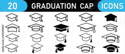 Graduation cap icon set. Graduation cap icon, university or college graduation hat logo, Line and glyph graduation hat. Diploma hat vector icon. Graduation cap vector.
