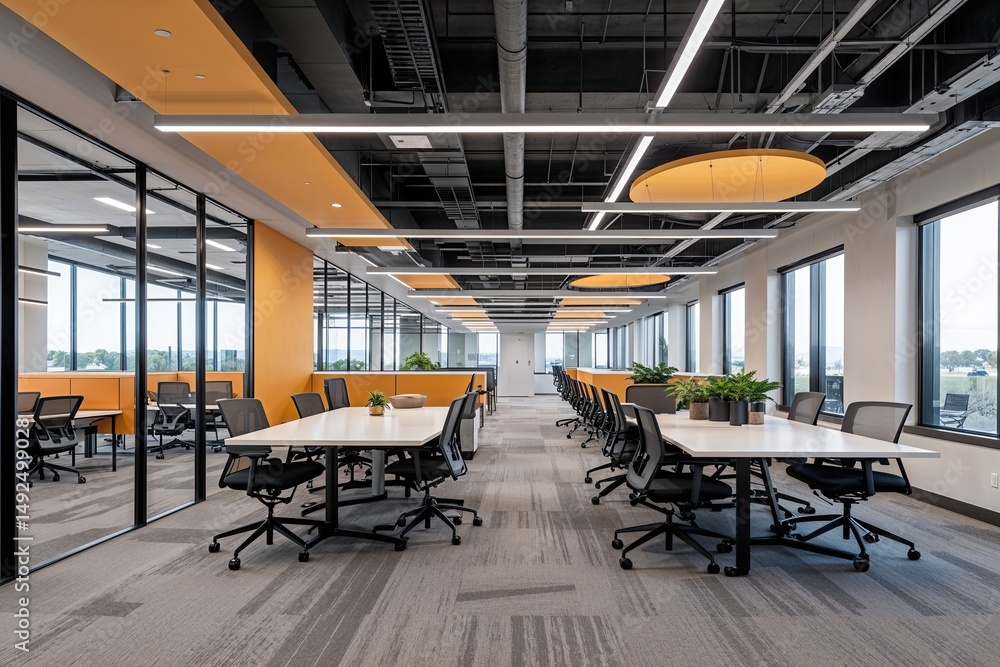 Naklejka premium Modern Open-Concept Office Design Featuring Collaborative Workspaces in a Suburban Setting