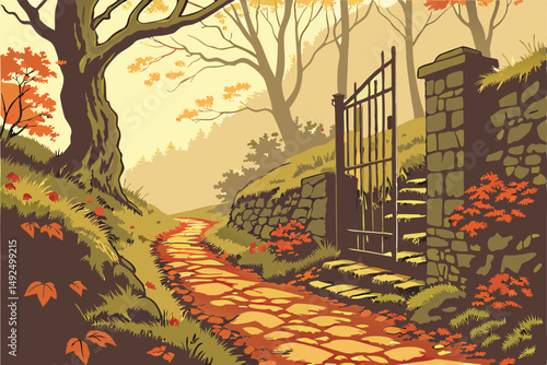159 autumn scenic path, metal gate, mossy stonework, lush foliage, warm lighting, cozy atmosphere, tranquil landscape, scenic nature, magical woodland, moody autumnal mood, detailed environment, seren