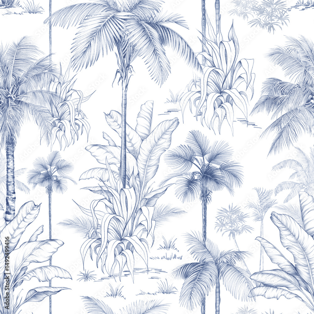 Seamless pattern with hand-drawn palm trees and tropical foliage in pencil sketch style. Monochrome botanical design perfect for fabric, wallpaper, and packaging. Seamless pattern with hand-drawn palm trees and tropical foliage in pencil sketch style. Monochrome botanical design perfect for fabric, wallpaper, and packaging.