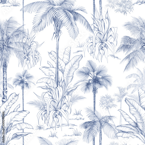 Seamless pattern with hand-drawn palm trees and tropical foliage in pencil sketch style. Monochrome botanical design perfect for fabric, wallpaper, and packaging.