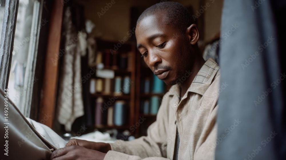 Obraz premium A tailored man works with fabric, embodying concentration and passion in a workspace filled with textiles and threads, hinting at handcrafted fashion.