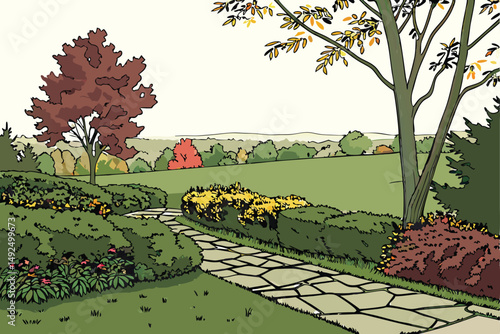 160 garden, fall season, colorful foliage, green hedges, stone path, expansive lawn, overcast sky, peaceful atmosphere, serene landscape, nature scenery, outdoor environment