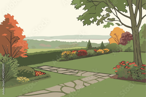 160 garden, fall season, colorful foliage, green hedges, stone path, expansive lawn, overcast sky, peaceful atmosphere, serene landscape, nature scenery, outdoor environment