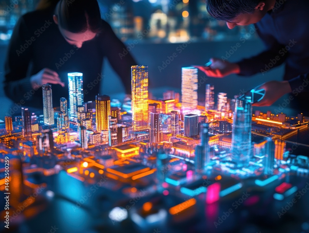 Two people working on a digital model of a futuristic city at night
