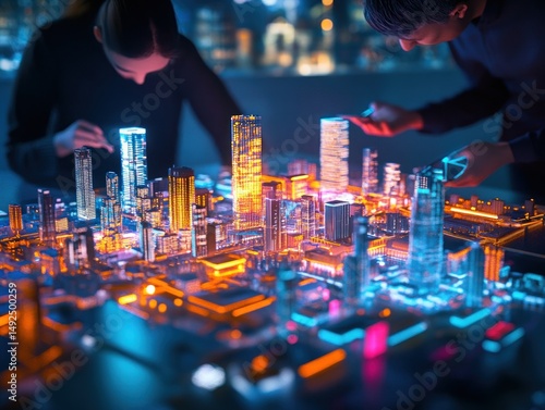 Obraz na płótnie Two people working on a digital model of a futuristic city at night w salonie