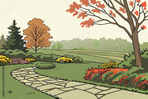 160 garden, fall season, colorful foliage, green hedges, stone path, expansive lawn, overcast sky, peaceful atmosphere, serene landscape, nature scenery, outdoor environment