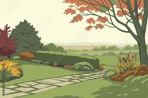 160 garden, fall season, colorful foliage, green hedges, stone path, expansive lawn, overcast sky, peaceful atmosphere, serene landscape, nature scenery, outdoor environment