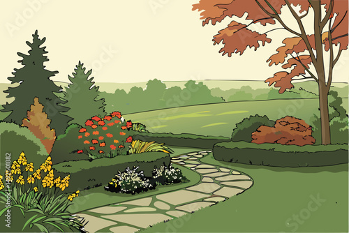 160 garden, fall season, colorful foliage, green hedges, stone path, expansive lawn, overcast sky, peaceful atmosphere, serene landscape, nature scenery, outdoor environment