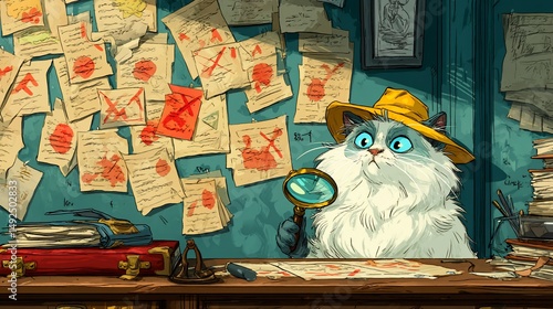 Curious cat detective examines clues