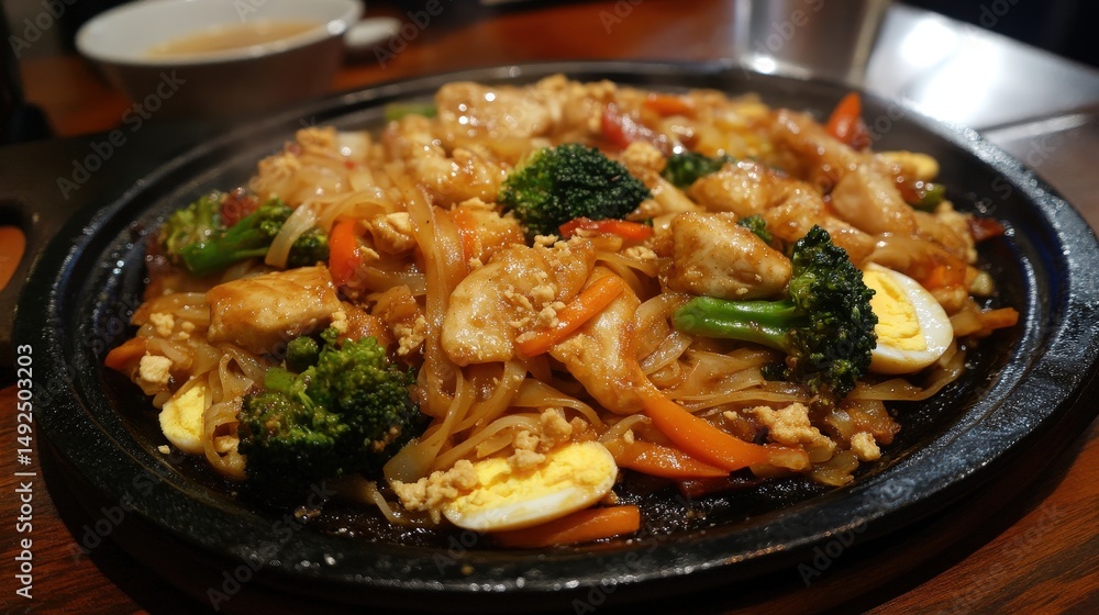 A sizzling plate of Thai pad see ew, stir-fried wide rice noodles with broccoli, eggs, and tender chicken, cooked in a savory soy-based sauce sweet and salty A sizzling plate of Thai pad see ew, stir-fried wide rice noodles with broccoli, eggs, and tender chicken, cooked in a savory soy-based sauce sweet and salty