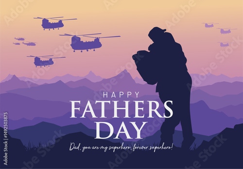 A touching Father's Day 2025 design tribute showing a military dad hugging his child with helicopters in the background—honoring hero dads in uniform. Happy father's day for military family