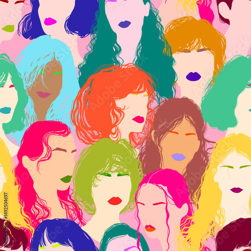 Colorful repetitive flat design seamless pattern with multicolor portraits of various ethnicity women with different hairstyles and vibrant eyebrows. Vector fashion style illustration.