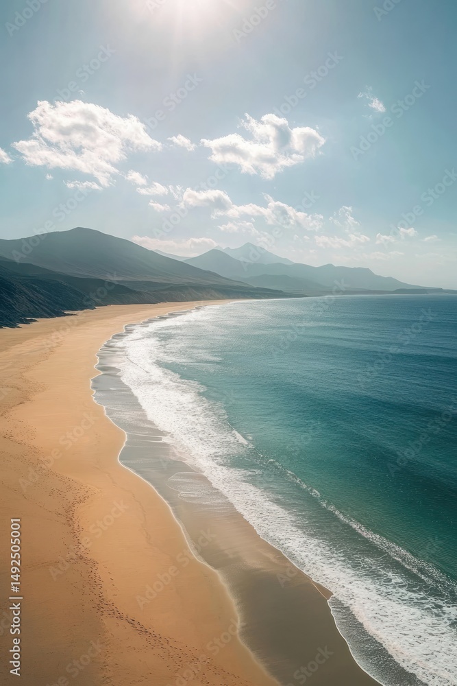 Serene beach scene with mountains in the background