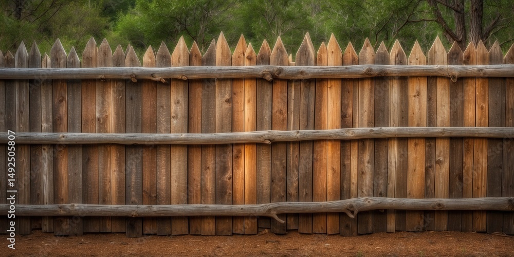 Fototapeta premium Rustic wooden fence with pointed top in a rural garden setting