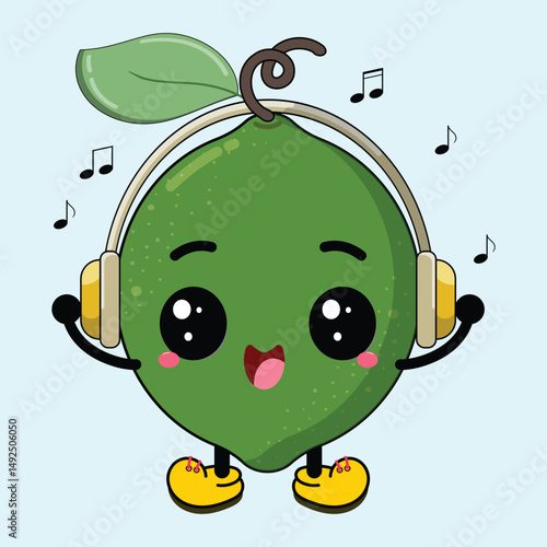 Cute And Funny Lime Cartoon Listening Music Happily Clipart Illustration