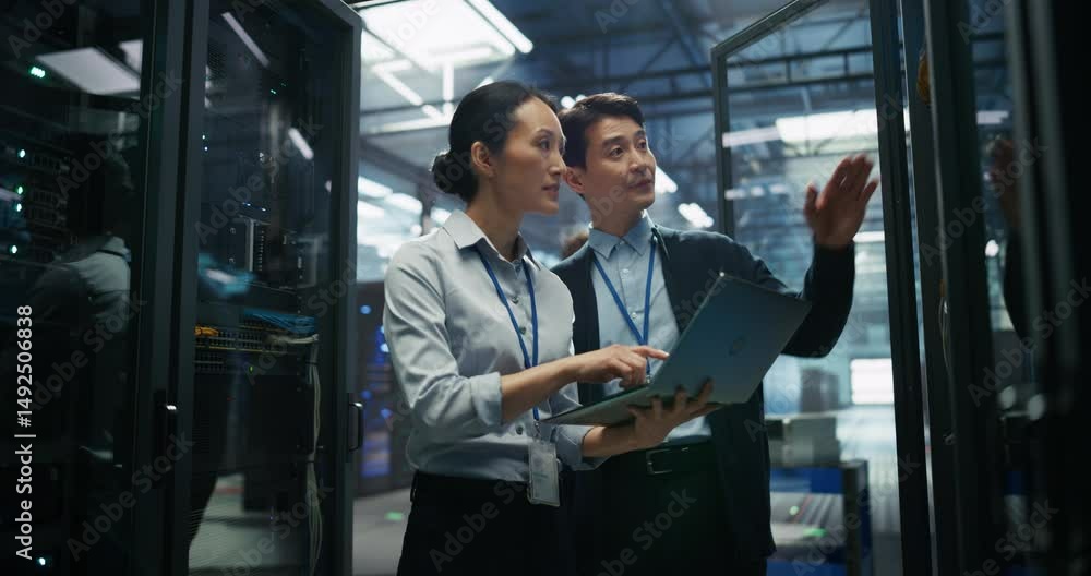 Asian Data Center Female eBusiness Entrepreneur and Male IT Specialist Having a Conversation and Using Laptop Computer. Two Information Technology Engineers Discussing Cloud Computing Server Farm Asian Data Center Female eBusiness Entrepreneur and Male IT Specialist Having a Conversation and Using Laptop Computer. Two Information Technology Engineers Discussing Cloud Computing Server Farm