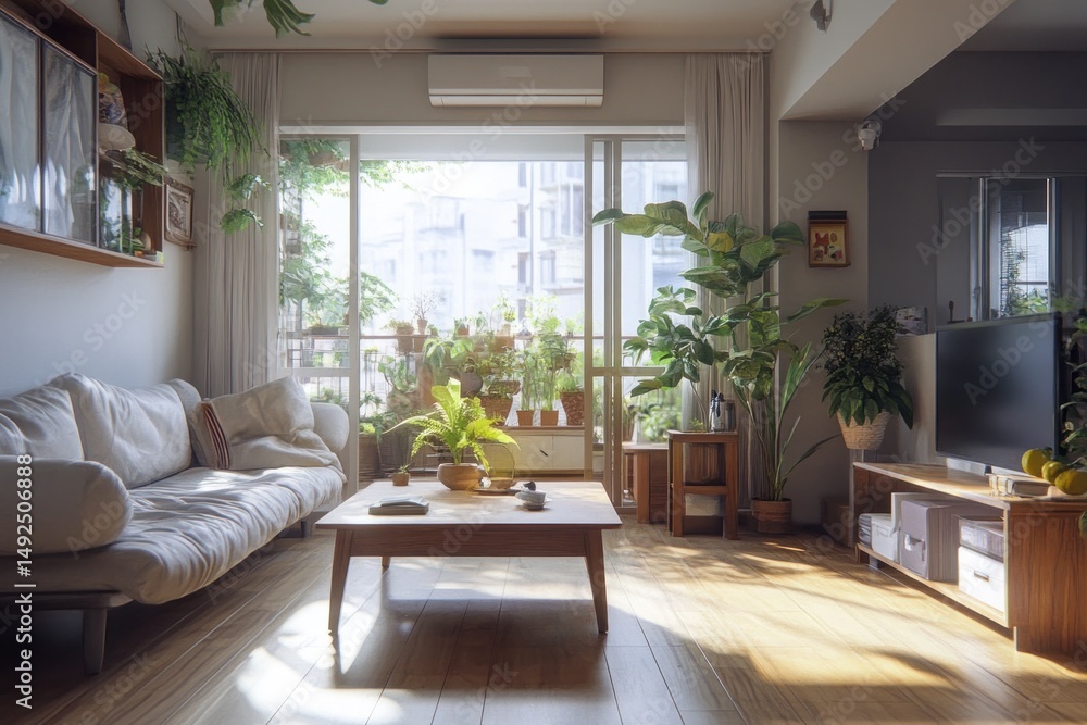 Cozy bright living room with plants