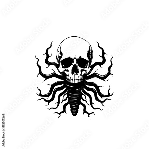 Ornate skull intertwined with branching forms in minimalist black and white art