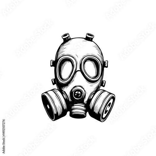 Monochromatic depiction of a vintage gas mask for chemical biological defense